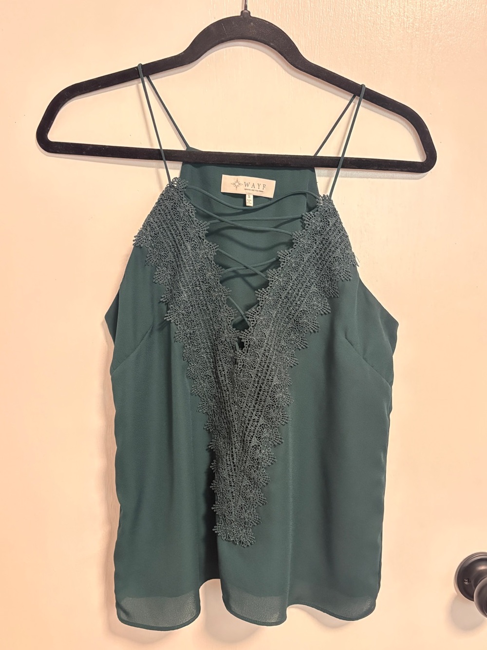 Wayf Dark Green Lace-Trim Crisscross V-Neck Cami